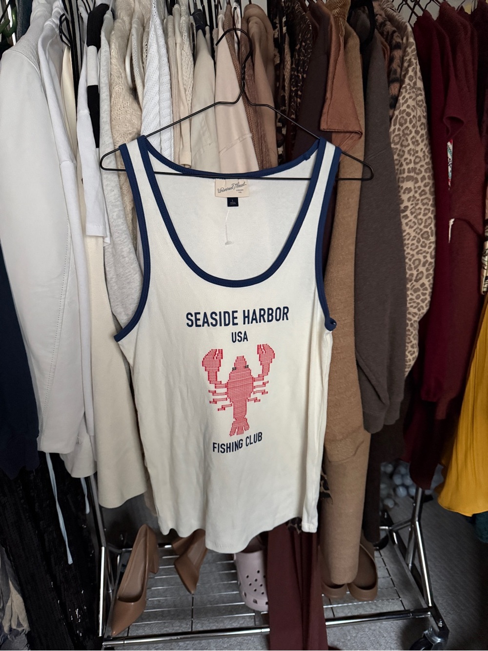 Universal Thread Cream Tank Top with Navy Trim and Red Lobster Graphic